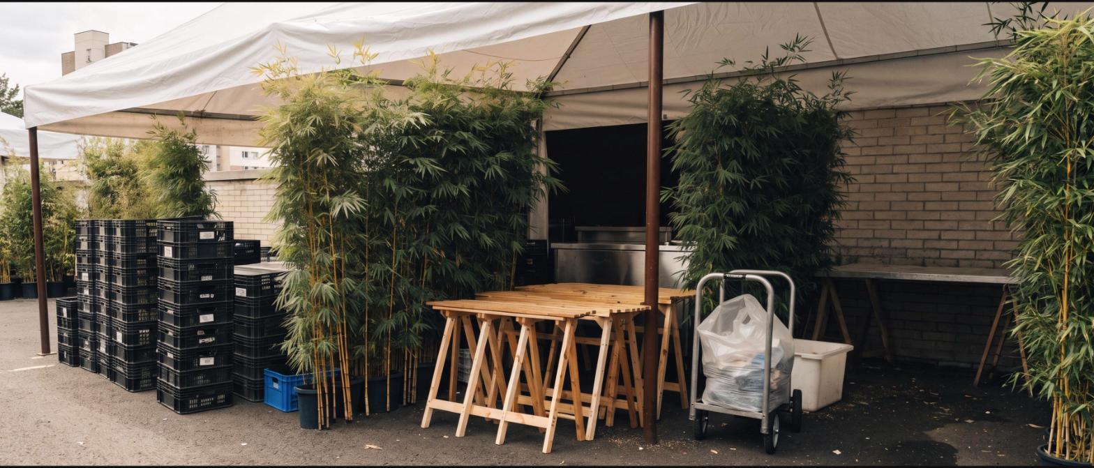 Potted bamboo screening a catering prep area with stacked crates and trestle tables behind an event marquee